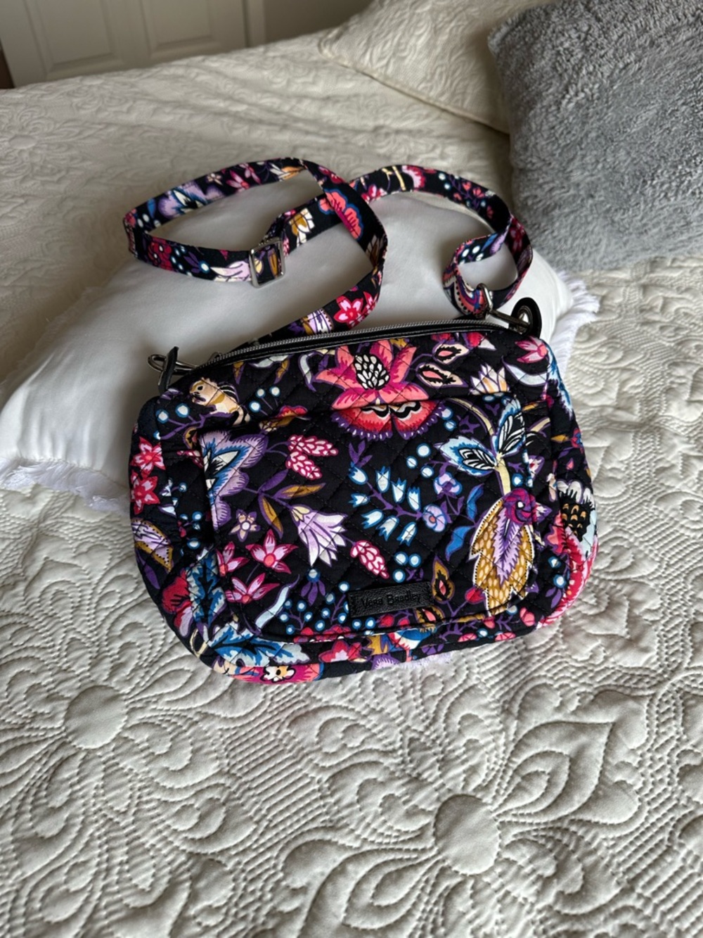 Vera Bradley Black Floral Quilted Crossbody with Pink & Blue Accents